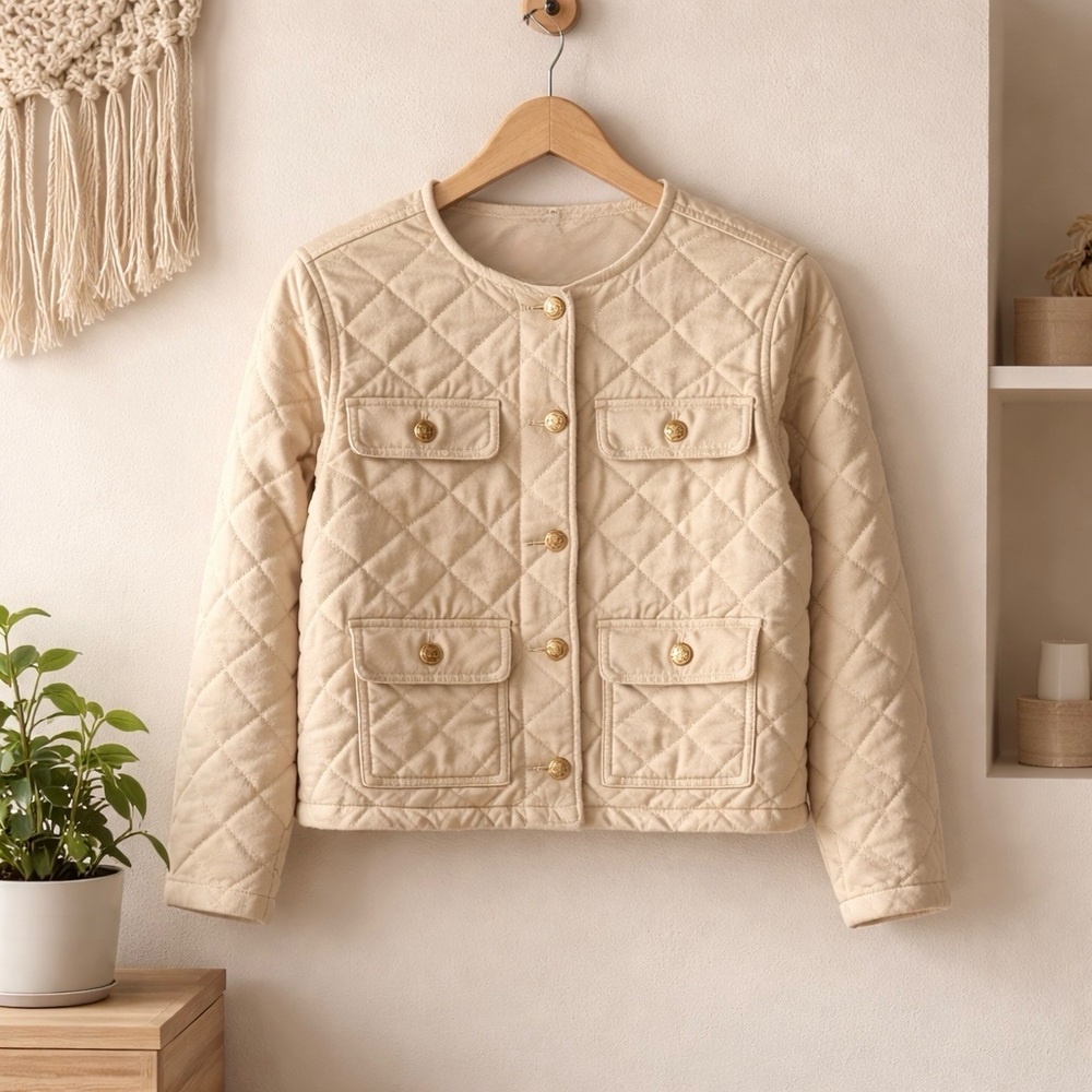 Quilted Cream Button-Front Jacket